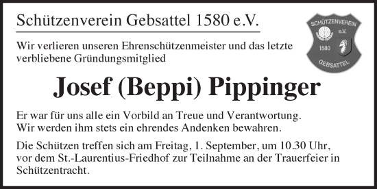 Traueranzeige von Josef Pippinger von Rothenburg