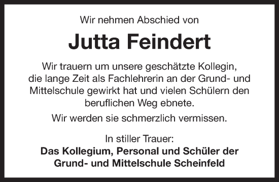 Traueranzeige von Jutta Feindert von Neustadt/ Scheinfeld/ Uffenheim