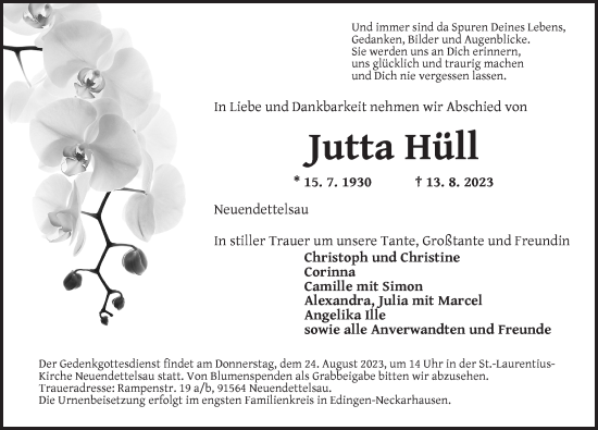 Traueranzeige von Jutta Hüll von Ansbach