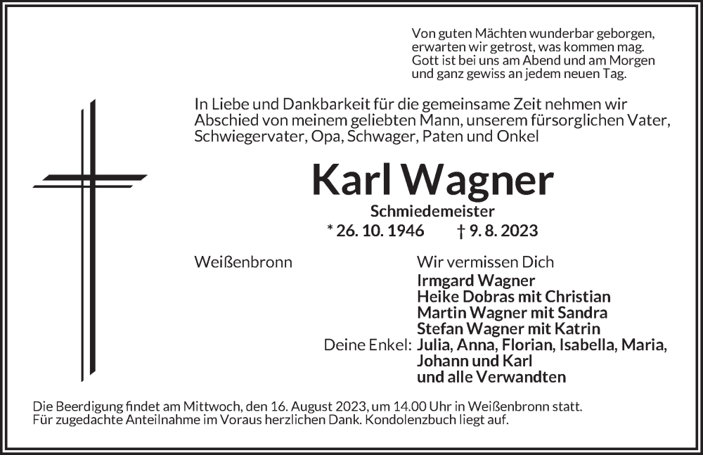  Traueranzeige für Karl Wagner vom 12.08.2023 aus Ansbach