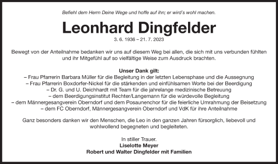 Traueranzeige von Leonhard Dingfelder von Neustadt/ Scheinfeld/ Uffenheim