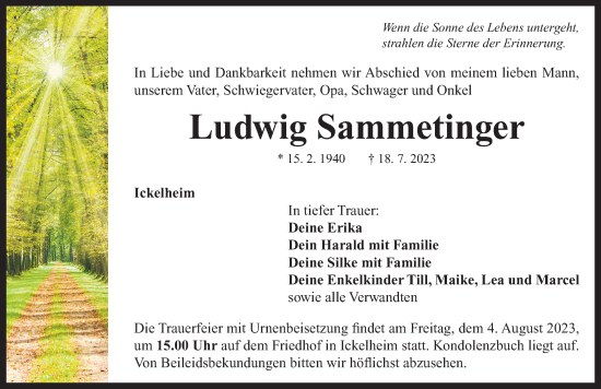 Traueranzeige von Ludwig Sammetinger von Neustadt/ Scheinfeld/ Uffenheim