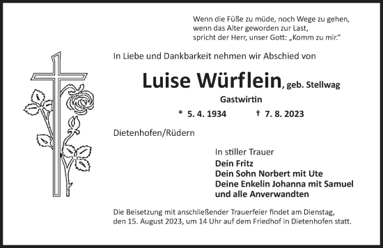 Traueranzeige von Luise Würflein von Ansbach