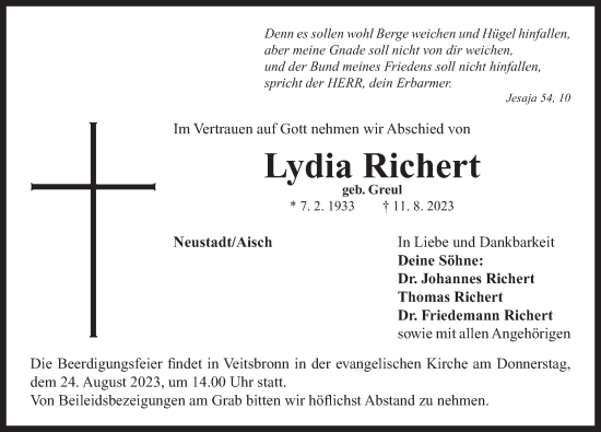 Traueranzeige von Lydia Richert von Neustadt/ Scheinfeld/ Uffenheim