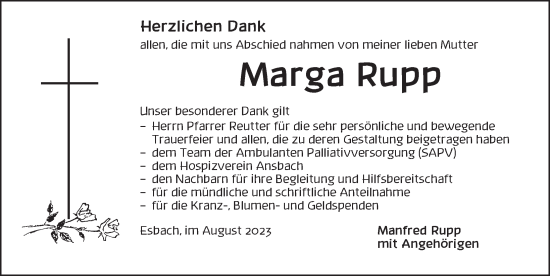 Traueranzeige von Marga Rupp von Ansbach