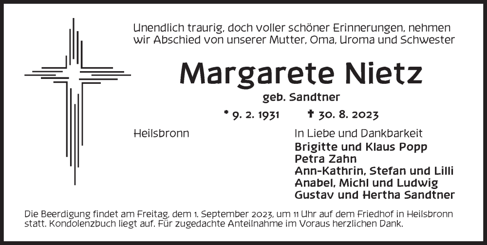  Traueranzeige für Margarete Nietz vom 31.08.2023 aus Ansbach
