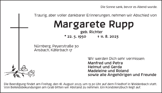 Traueranzeige von Margarete Rupp von Ansbach