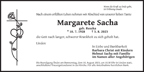 Traueranzeige von Margarete Sacha von Neustadt/ Scheinfeld/ Uffenheim