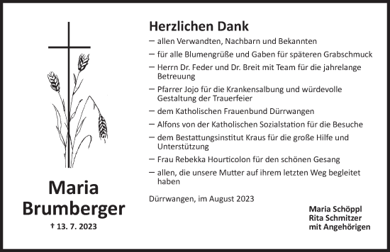 Traueranzeige von Maria Brumberger von Dinkelsbühl/ Feuchtwangen