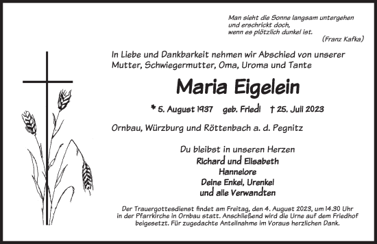 Traueranzeige von Maria Eigelein von Ansbach