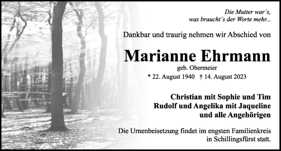 Traueranzeige von Marianne Ehrmann von Rothenburg