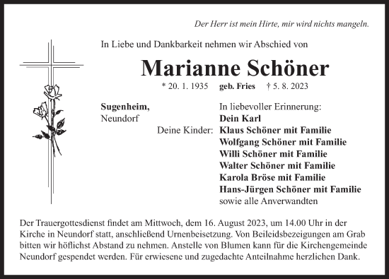 Traueranzeige von Marianne Schöner von Neustadt/ Scheinfeld/ Uffenheim