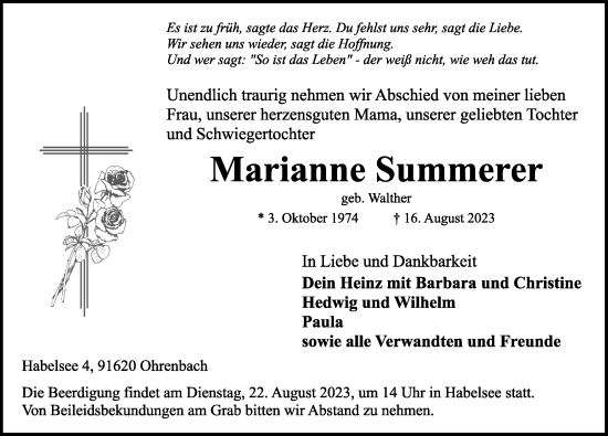 Traueranzeige von Marianne Summerer von Rothenburg