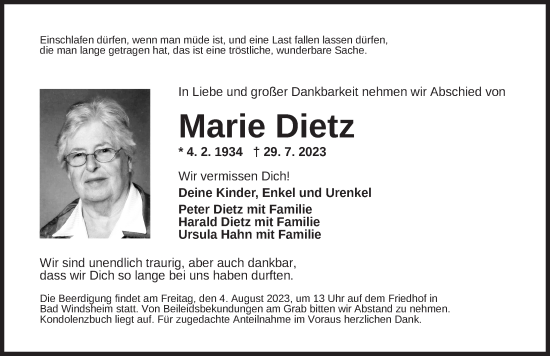 Traueranzeige von Marie Dietz von Neustadt/ Scheinfeld/ Uffenheim