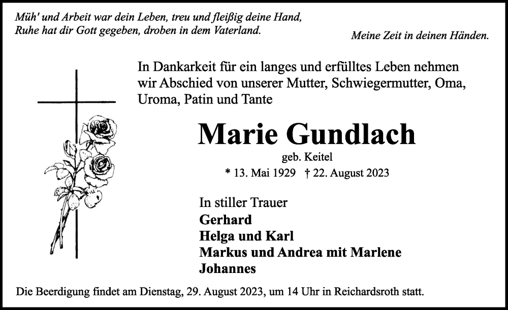  Traueranzeige für Marie Gundlach vom 26.08.2023 aus Rothenburg