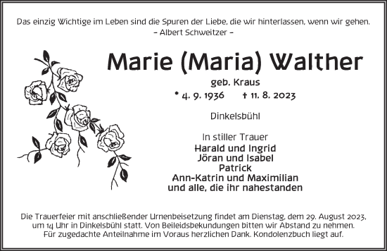 Traueranzeige von Marie Maria Walther von Dinkelsbühl/ Feuchtwangen