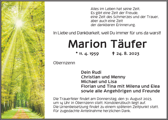 Traueranzeige von Marion Täufer von Neustadt/ Scheinfeld/ Uffenheim