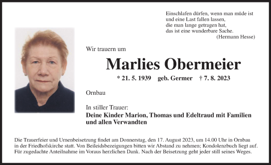 Traueranzeige von Marlies Obermeier von Ansbach