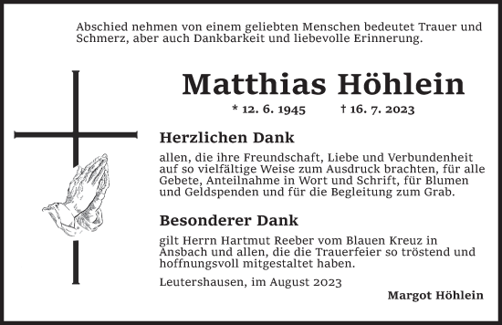 Traueranzeige von Matthias Höhlein von Ansbach