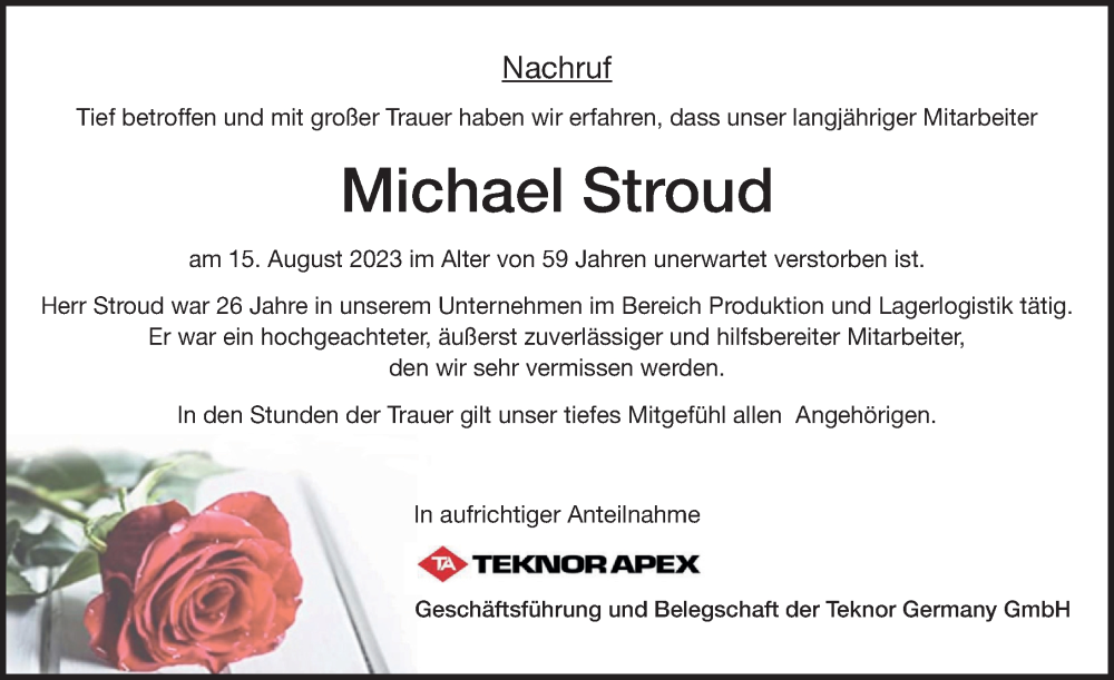  Traueranzeige für Michael Stroud vom 26.08.2023 aus Rothenburg