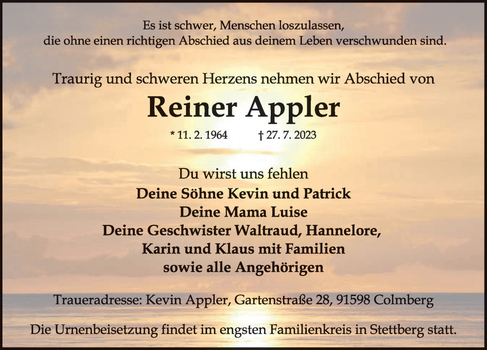  Traueranzeige für Reiner Appler vom 01.08.2023 aus Rothenburg