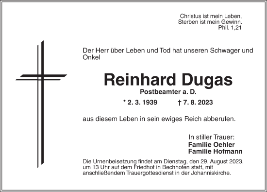 Traueranzeige von Reinhard Dugas von Dinkelsbühl/ Feuchtwangen