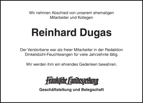 Traueranzeige von Reinhard Dugas von Dinkelsbühl/ Feuchtwangen