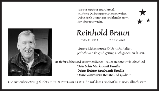 Traueranzeige von Reinhold Braun von Neustadt/ Scheinfeld/ Uffenheim