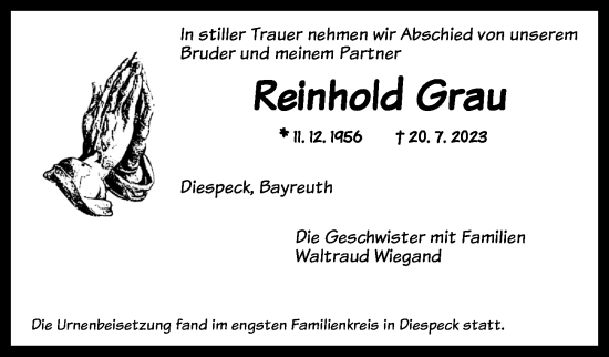 Traueranzeige von Reinhold Grau von Neustadt/ Scheinfeld/ Uffenheim