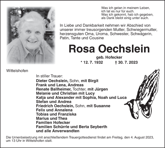 Traueranzeige von Rosa Oechslein von Dinkelsbühl/ Feuchtwangen