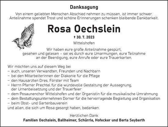 Traueranzeige von Rosa Oechslein von Dinkelsbühl/ Feuchtwangen