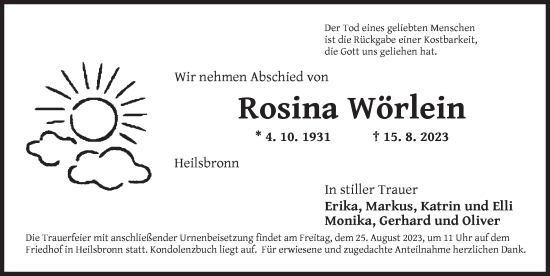 Traueranzeige von Rosina Wörlein von Ansbach
