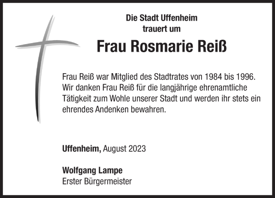 Traueranzeige von Rosmarie Reiß von Neustadt/ Scheinfeld/ Uffenheim