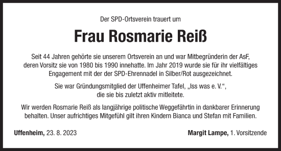 Traueranzeige von Rosmarie Reiß von Neustadt/ Scheinfeld/ Uffenheim