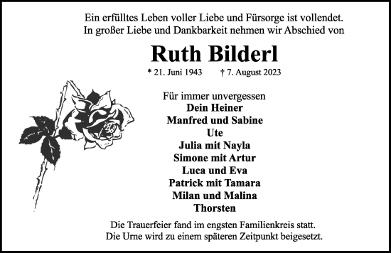 Traueranzeige von Ruth Bilderl von Rothenburg