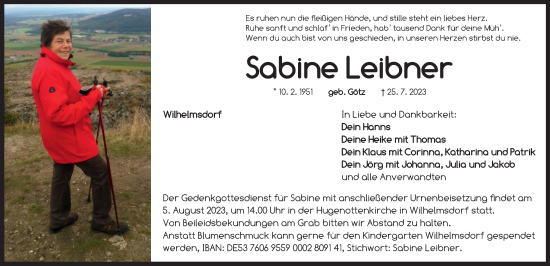 Traueranzeige von Sabine Leibner von Neustadt/ Scheinfeld/ Uffenheim