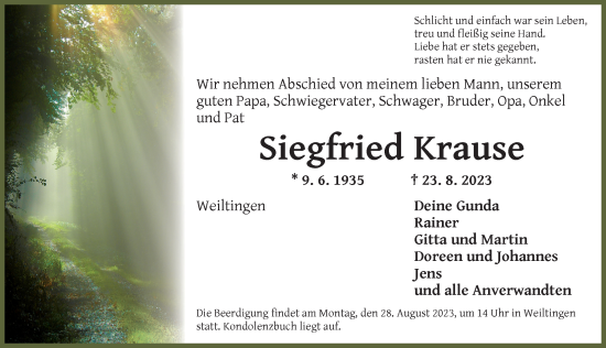 Traueranzeige von Siegfried Krause von Dinkelsbühl/ Feuchtwangen