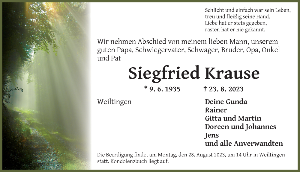  Traueranzeige für Siegfried Krause vom 26.08.2023 aus Dinkelsbühl/ Feuchtwangen