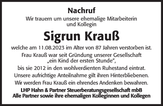 Traueranzeige von Sigrun Krauß von Neustadt/ Scheinfeld/ Uffenheim