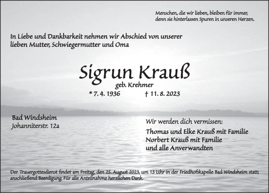 Traueranzeige von Sigrun Krauß von Neustadt/ Scheinfeld/ Uffenheim