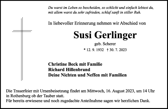 Traueranzeige von Susi Gerlinger von Rothenburg