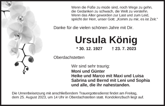 Traueranzeige von Ursula König von Ansbach