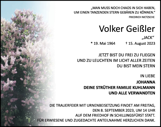 Traueranzeige von Volker Geißler von Rothenburg