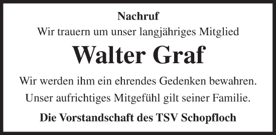 Traueranzeige von Walter Graf von Dinkelsbühl/ Feuchtwangen