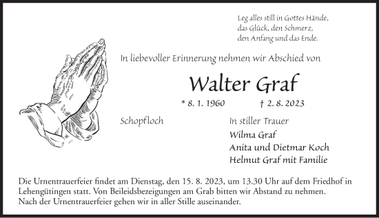 Traueranzeige von Walter Graf von Dinkelsbühl/ Feuchtwangen