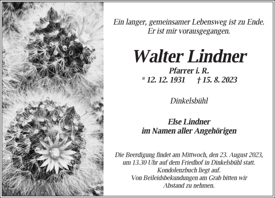 Traueranzeige von Walter Lindner von Dinkelsbühl/ Feuchtwangen
