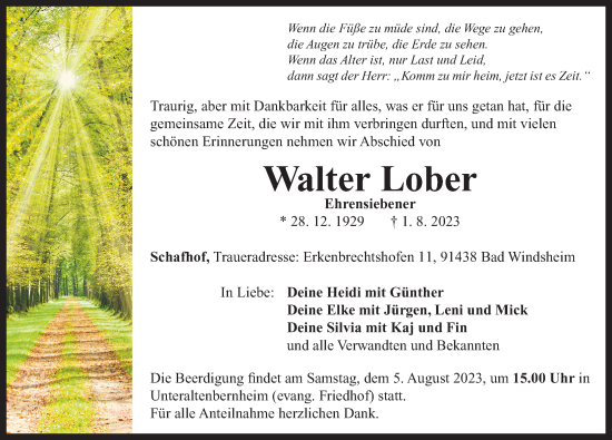 Traueranzeige von Walter Lober von Neustadt/ Scheinfeld/ Uffenheim