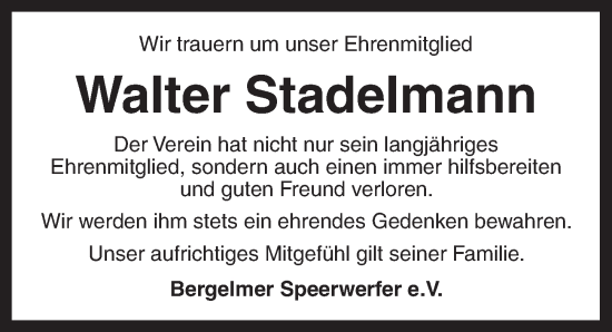 Traueranzeige von Walter Stadelmann von Neustadt/ Scheinfeld/ Uffenheim