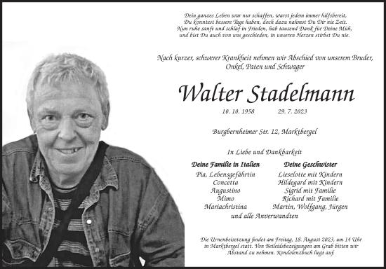 Traueranzeige von Walter Stadelmann von Neustadt/ Scheinfeld/ Uffenheim