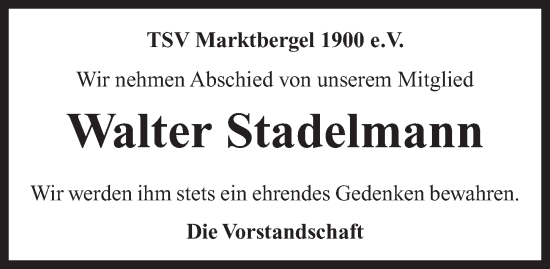 Traueranzeige von Walter Stadelmann von Neustadt/ Scheinfeld/ Uffenheim